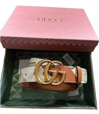 New $1980 Gucci Ostrich Leather/Python GG Marmont Belt Brown/Beige/White 90/36