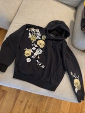 Reason Men  s Small Black Skull Floral Graphic Hoodie Embroidered Streetwear S