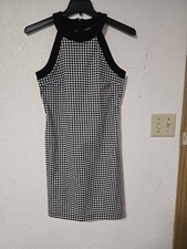 Karen Kane Dress Size M Medium Black White Gingham Plaid Halter Sheath Stretch