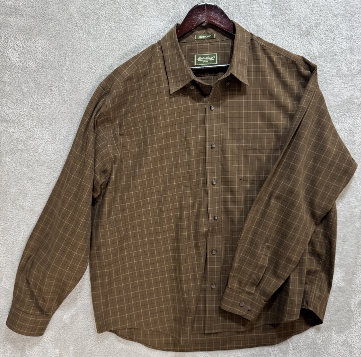 Eddie Bauer Shirt Men’s XL Brown Plaid Long Sleeve Nano-Care
