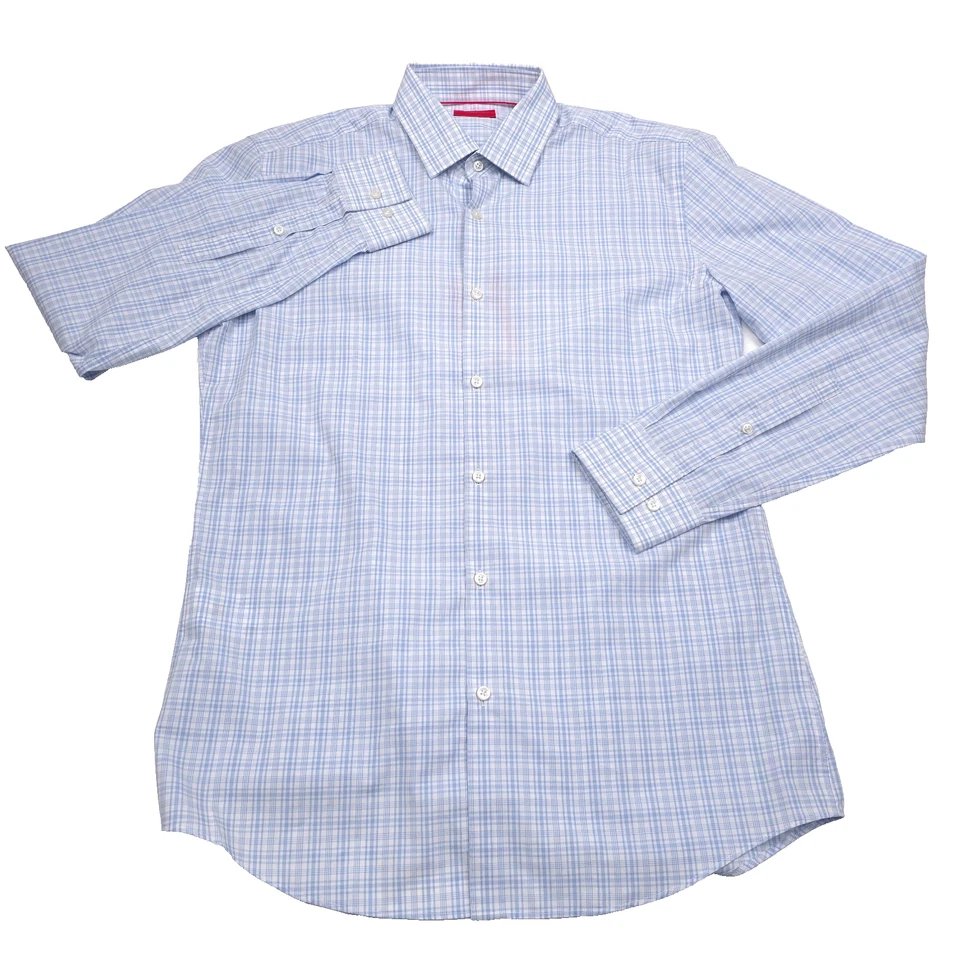 $128 HUGO BOSS Kenno Slim Fit Blue Plaid Dress Shirt Mens Size Medium - 15.5 - Image 4 of 4