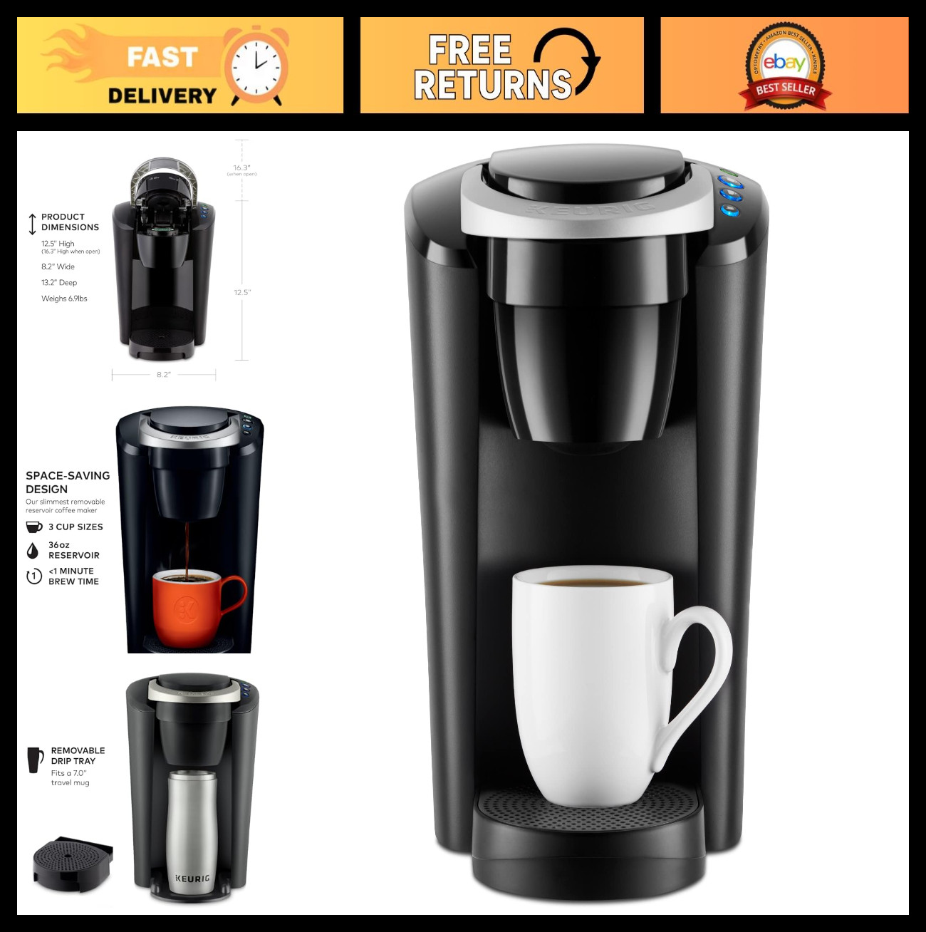Compact Single-Serve Coffee Maker, 3 Brew Sizes, Smart Start, 36oz Reservoir, Bl
