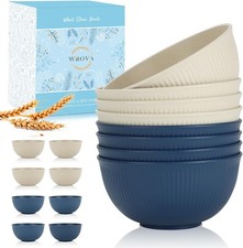 Wheat Straw Bowl Sets,8 PCS Unbreakable 26oz Round, Navy Blue  Beige