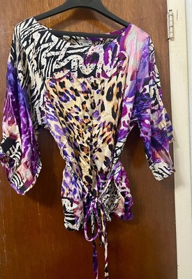 CACHE TUNIC BLOUSE WOMEN XS SMALL ANIMAL ABSTRACT PRINT DOLMAN PURPLE KIMONO