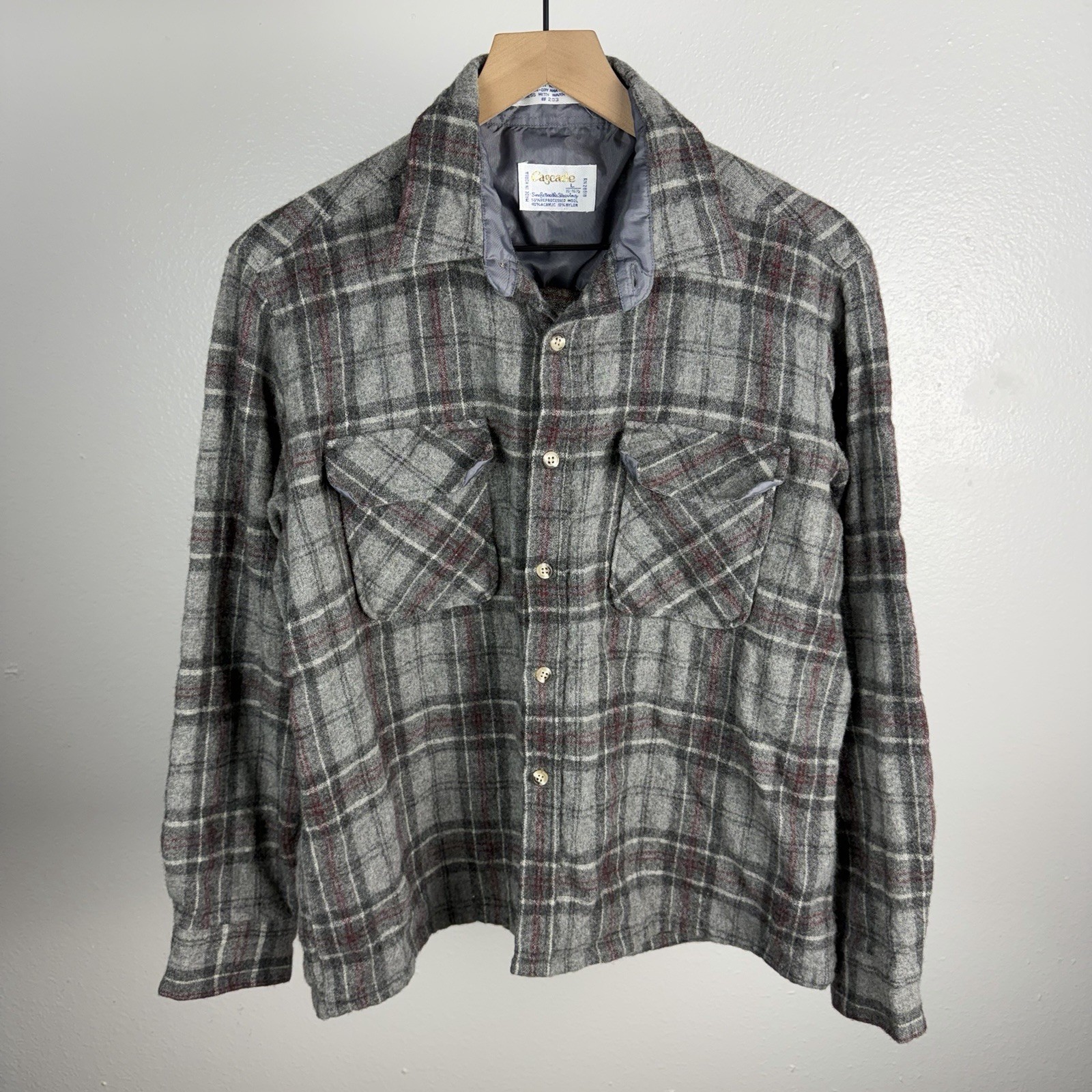 Vintage 70’s Cascade Wool Blend Button Shirt Gray Plaid Korea Fits Size Medium