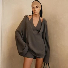 THE ROW Womens Simple Fashion Wool U-neck Shorts Knitted Hoodie Suit