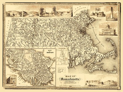 Historic State Map - Massachusetts - Goldthwait 1838 - Vintage Wall Art