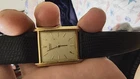 Seiko Vintage 1980s Quartz Rectangular Gold Dial 26mm Black Leather Strap