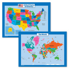 World Map and USA Map for Kids - 2 Poster Set - LAMINATED - Wall Chart Poster of