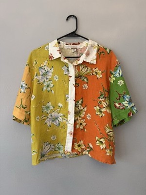 Magaschoni Women s Multicolor Floral Linen Collared Short Sleeve Button-Up M