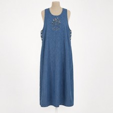 Vintage 90s Floral Embroidered Denim Maxi Jumper Dress Sz XL Cottagecore Granola