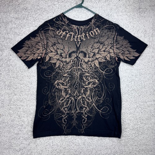 Affliction Gothic Totenköpfe Flügel DISTRESSED schwarz T-Shirt Herren Gr. Medium