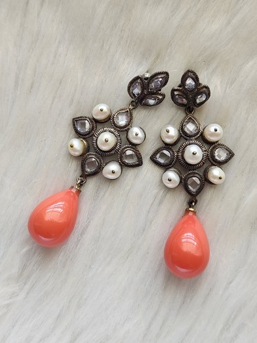 Vintage Victorian Revival Freshwater Pearl Faux Coral Glass Teardrop Earrings - Picture 10 of 18