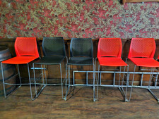 Set of 12 Red & Black Chrome Frame Bar Stools with Perforated Back, Modern
