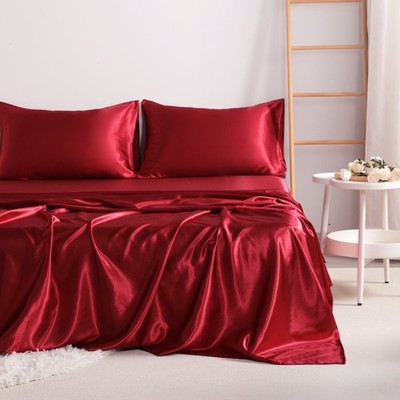4 Pcs Lustrous Satin Silk Sheet Set Deep Pocket Bed Sheet Wrinkle Fade Resistant