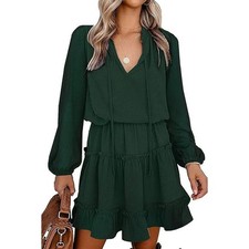 CUPSHE Womens Emerald Green Swiss Dot Tiered Ruffle Dress Long Sleeve V Neck XL