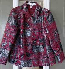 CJ Banks Women’s 1X Plus Zip Up Jacket Red Paisley Patchwork Blazer Coat Holiday