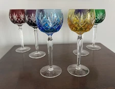 Set Of Six (6) Ajka Colored Crystal Balloon Shaped Goblet Glasses