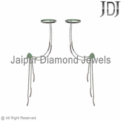 925 Silver Natural Pave Diamond Chrome Diopside Designer Ear Cuff Women Jewelry