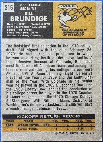 1971 Topps BILL BRUNDIGE #216 Washington REDSKINS, EX, Nice Border - Foto 2 di 3