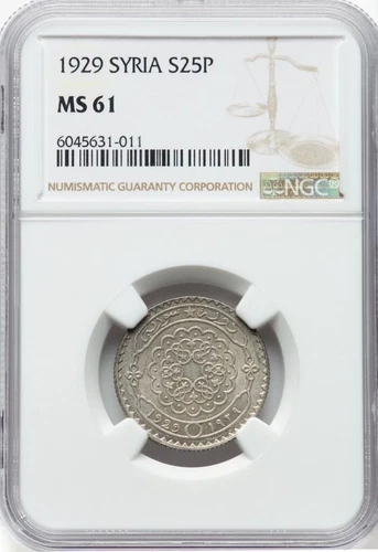 LEBANON - S Y R I E , SILVER 25 PIASTRES 1929 - NGC MS 61 , RARES