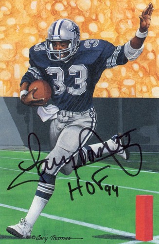 Tony Dorsett Autographed Dallas Cowboys Goal Line Art Card Blue JSA COA