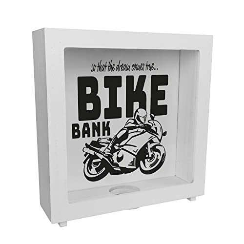 Salvadanaio in legno nero a tema di acquisto di moto e motociclismo, bel (e7P)