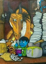 Excellent Vintage Mixed Media Fantasy Illustration, Style of Sendak