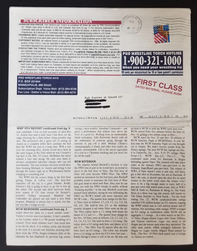 Pro Wrestling Torch ISSUE #416 November 23, 1996 WWF WCW RAW NITRO NWO DX WWE - Image 2 of 3