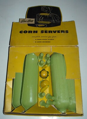 VINTAGE SERV-RITE CORN SERVERS in ORIGINAL BOX w S & P SET HUSK DISHES SKEWERS