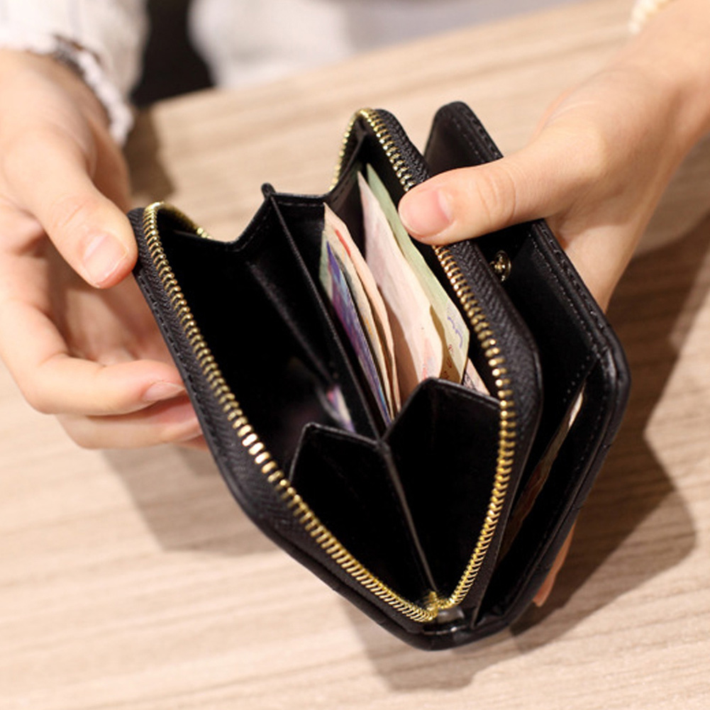 Square Shape Wallet Zip Around Billfold Leather Credit Card Holder