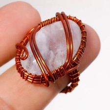 Rose Quartz Gemstone Copper Ring Handcrafted Wire Wrap Beautiful Jewelry 7.5" k2