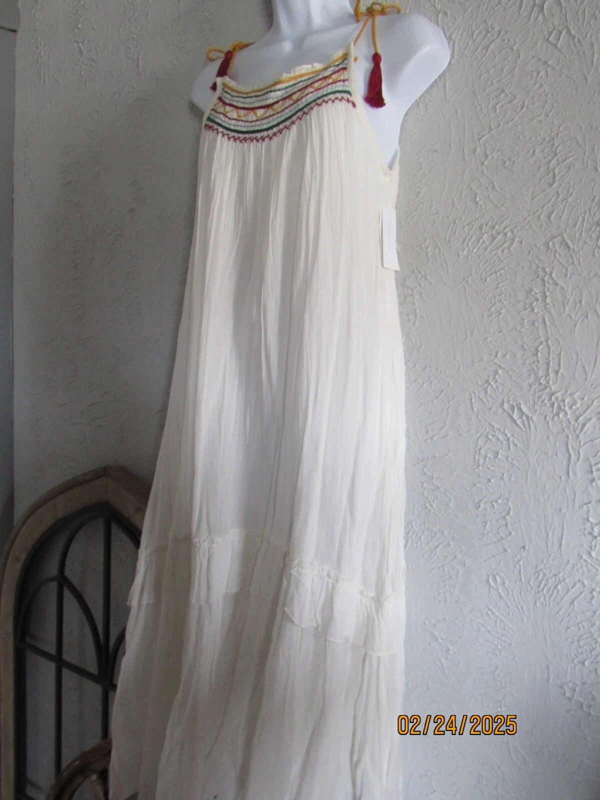 OFF WHITE Abito da spiaggia in velluto nuovo con etichetta tg S bianco garza spalline corda ricamato davanti retro foderato