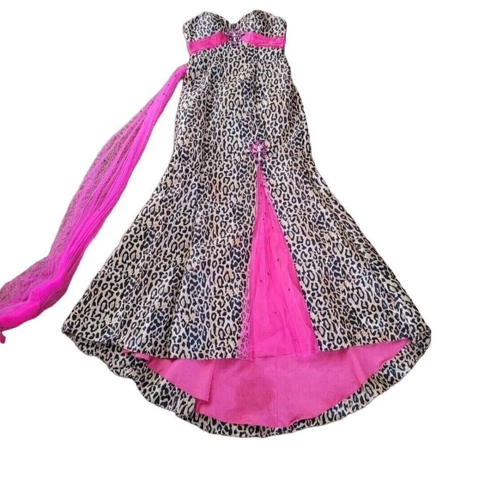 Vestido Formal Fiesta Hora Baile de graduación Estampado Leopardo Sirena Mano Joya Talla 4 Foto 2 de 4