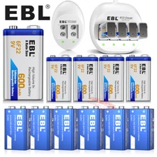 Lot 9V Lithium Ion Rechargeable Batteries / Charger / 9 Volt Alkaline Battery