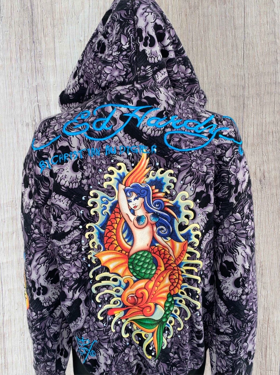 Ed Hardy By Christian Audigier Hoodie Men Size Small Y2K Skull