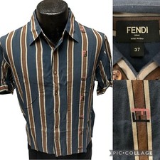 Fendi Steel Blue BOLD Stripe PANEL Logo Rayon Designer Luxury Rockabilly Shirt