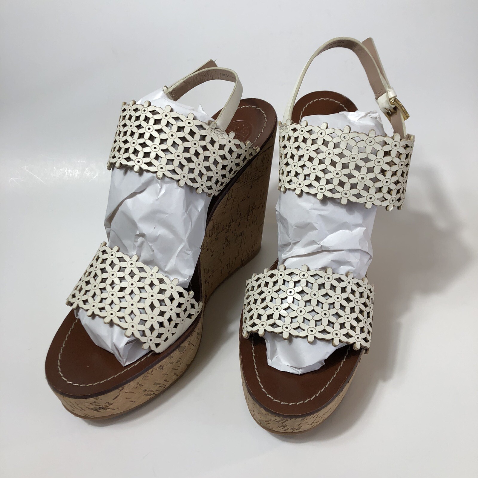 Tory Burch Ivory Floral Wedge Leather Platform Sandals Size 10.5 | eBay