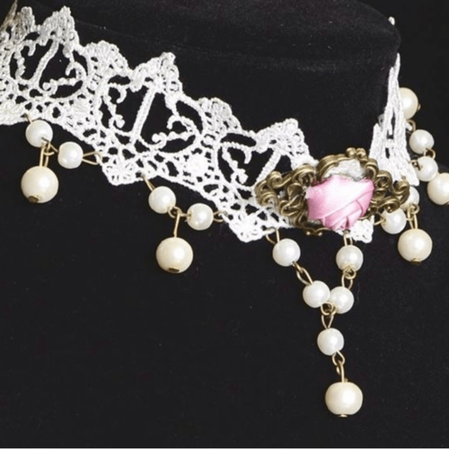 Elegant White Lace Choker Necklace with Pearls - Picture 2 of 5