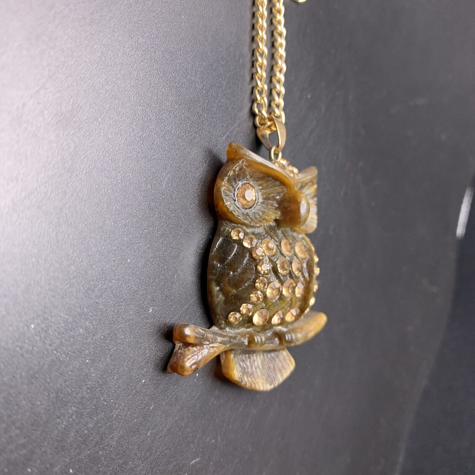 Lucite Owl Pendant Necklace Long Rhinestone Boho … - image 6