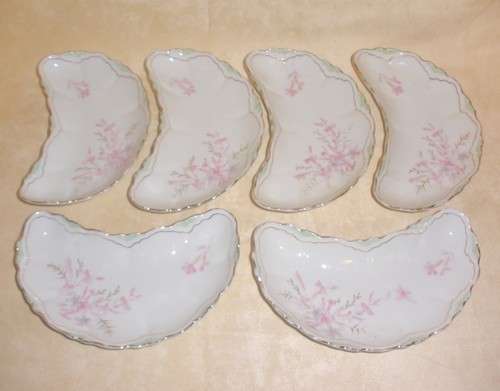 Set of 6 Victorian Bone Floral Dishes in Pink, Pale Green w/ Gold Trim - Picture 2 of 8
