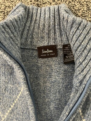 NEIMAN MARCUS Men's XL 1/4 Zip Pullover Sweater. Made In Italy.Wool. Light Blue