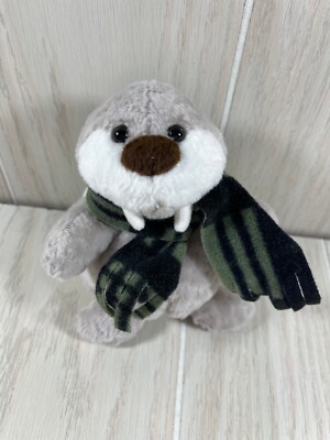 Heads & Tales by Gund small 6'' plush beanbag gray walrus plaid green black scarf
