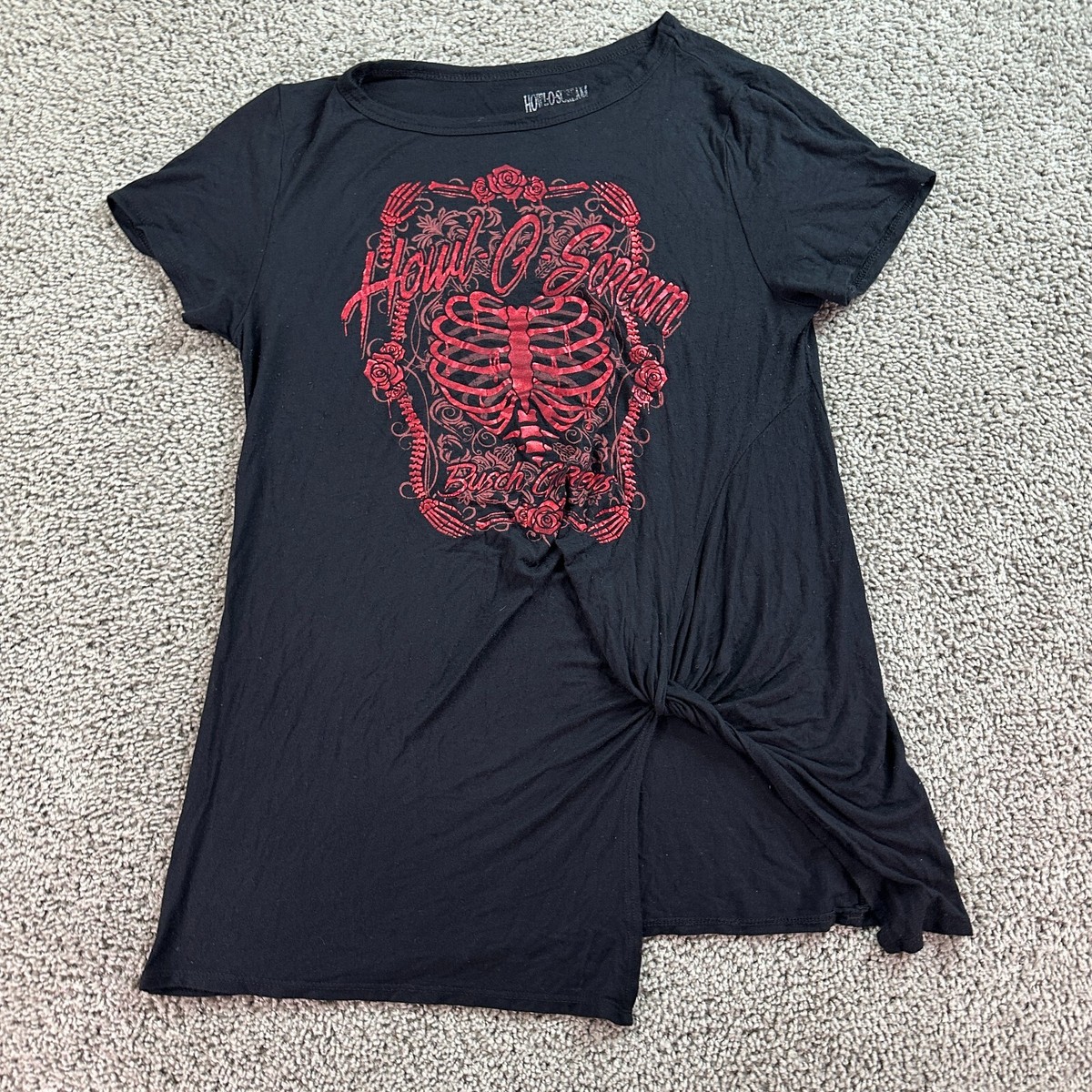 ハンドメイド Howl O Scream Shirt Womens Medium Black Twist Front Skeleton Roses