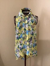 Sans Souci Women's Sheer Floral Print Blouse with front pleats sleeveless Size M