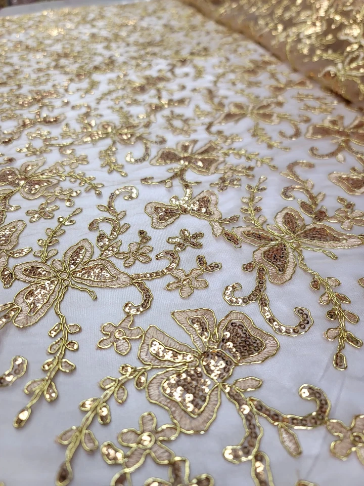 Gold Butterfly Design Lace Embroidered Sequins Fabric Sold By The Yard Prom - Image 4 of 4