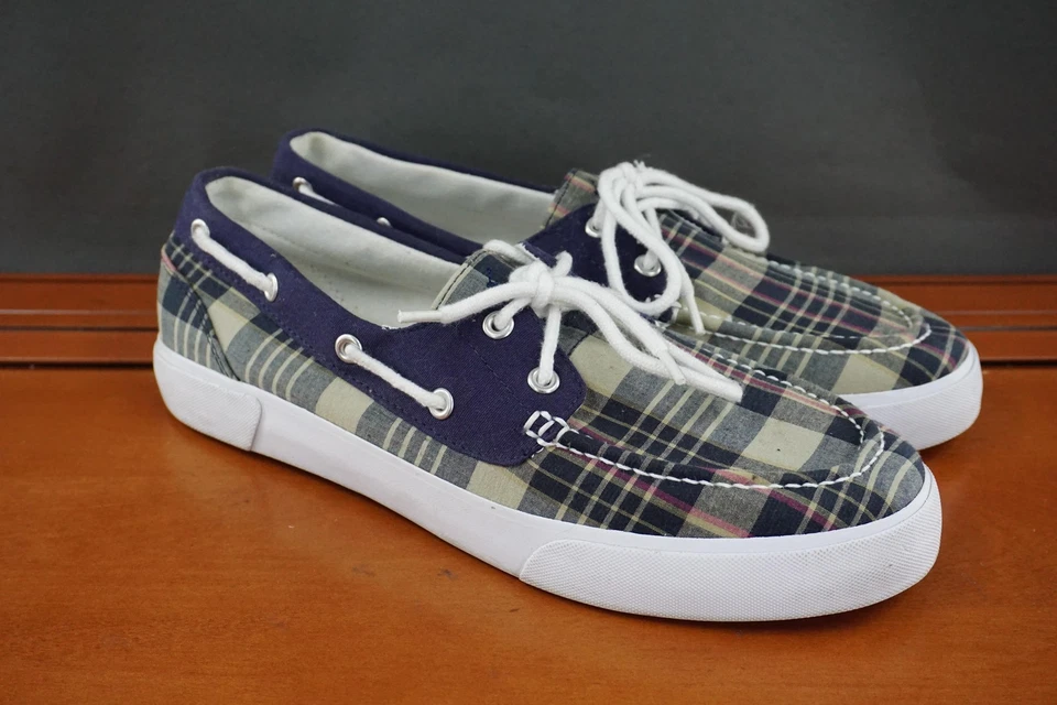 Zapatos de barco Polo Ralph Lauren Lander para hombre talla 10 a cuadros Madras lona con cordones Foto 3 de 4