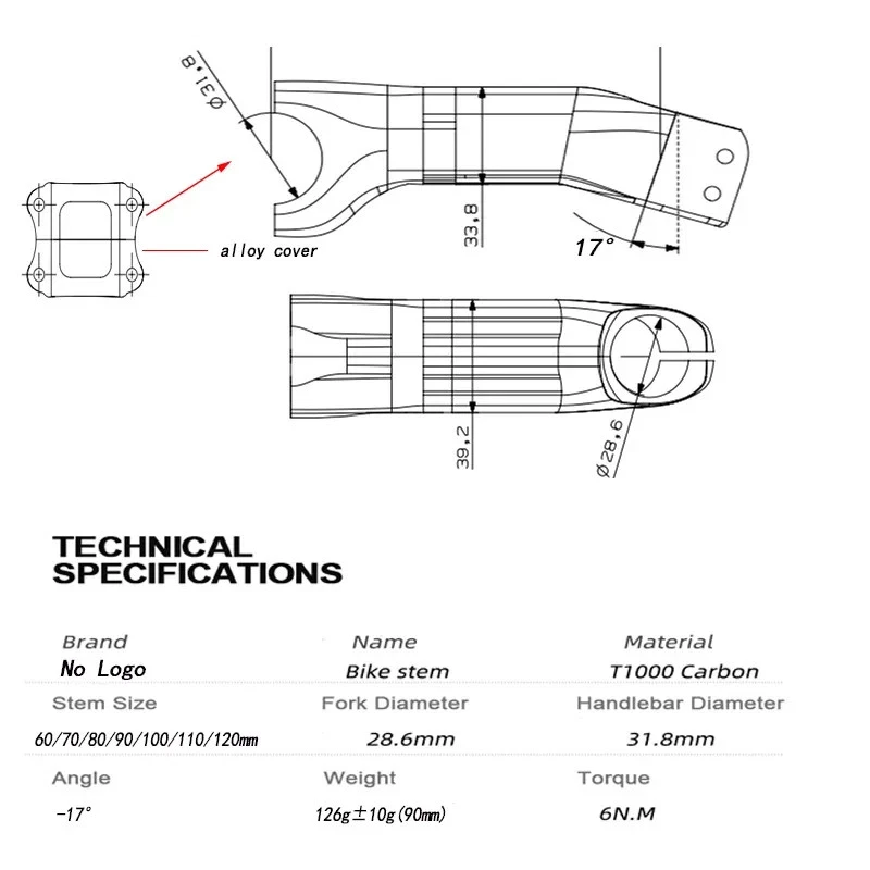 Carbon Stem -17 °-10 ° Degree Mountain Road Bike Carbon Inner Stem 60MM-120MM - Image 2 of 4