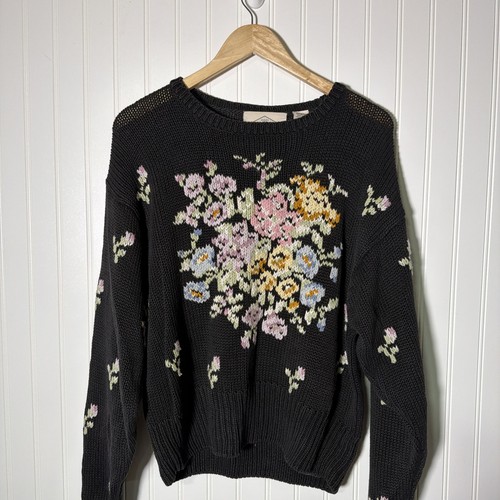 Vintage 90s Hand Knit Silk Cotton Black Spring Floral Sweater Grandma Cottage L - Afbeelding 11 van 15