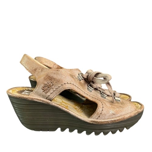 Fly London Yaffa Metallic Rose Gold Bronze Leather Wedge Sandals Wom 39 US 8-8.5